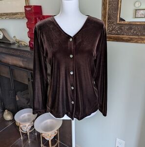 Vtg 90s Womens Small Brown Velvet Long SLV ButtonUp Cardigan Top Wimsigoth 188